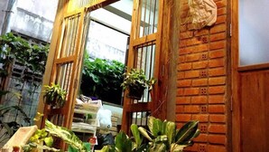 Une pièce rustique aux murs en bois, dotée d’une grande fenêtre et agrémentée de plantes suspendues.