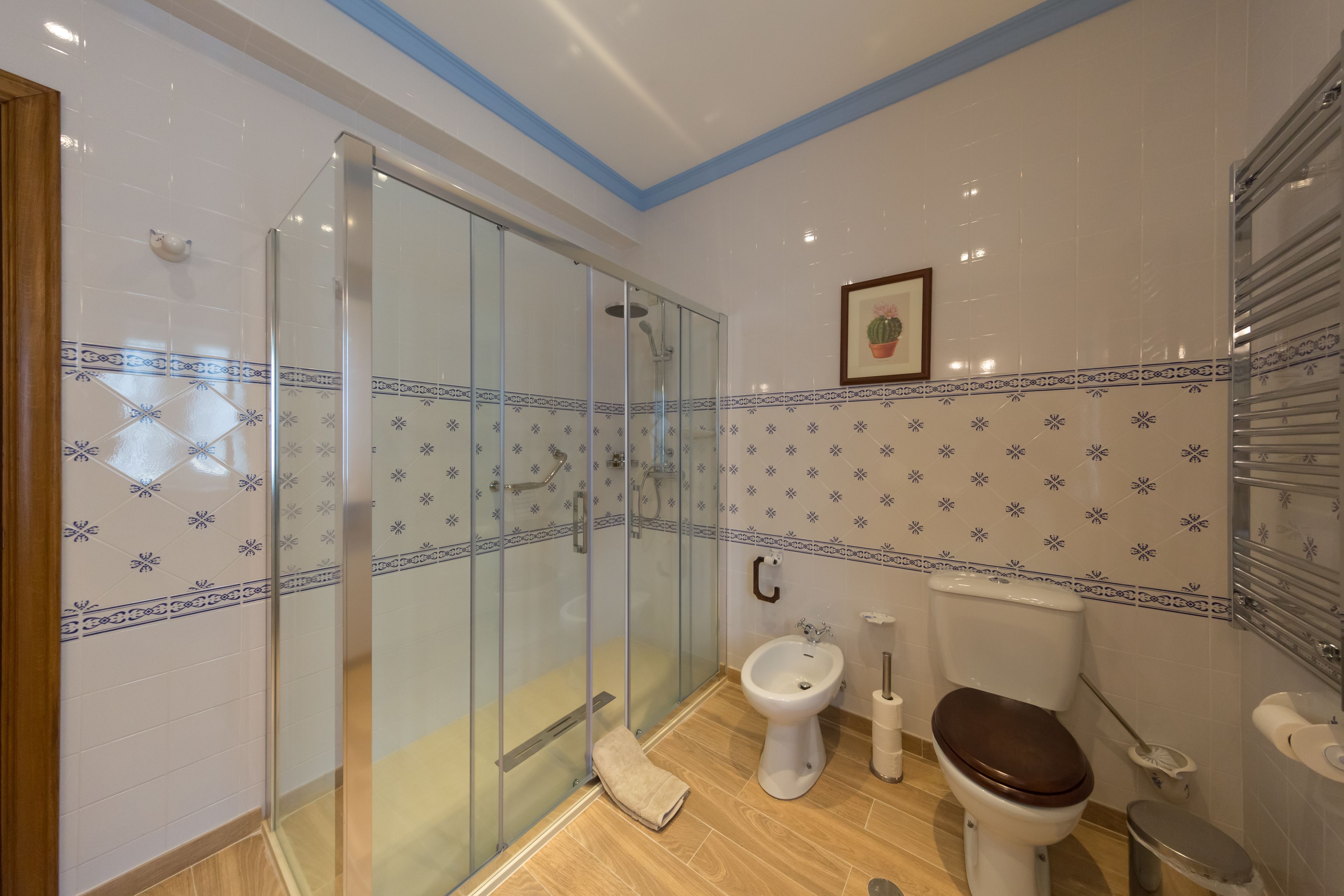 Un baño con cabina de ducha de vidrio, inodoro y bidé.