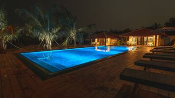 Outdoor pool, pool umbrellas, pool loungers