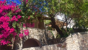 A stone wall with a small arched opening, surrounded by lush greenery and vibrant pink flowers. - Alex's traditional summerhouse (Hydra)