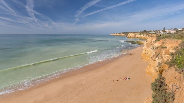 A beach with clear skies and calm waters, a sandy shore, and a cliff with vegetation.