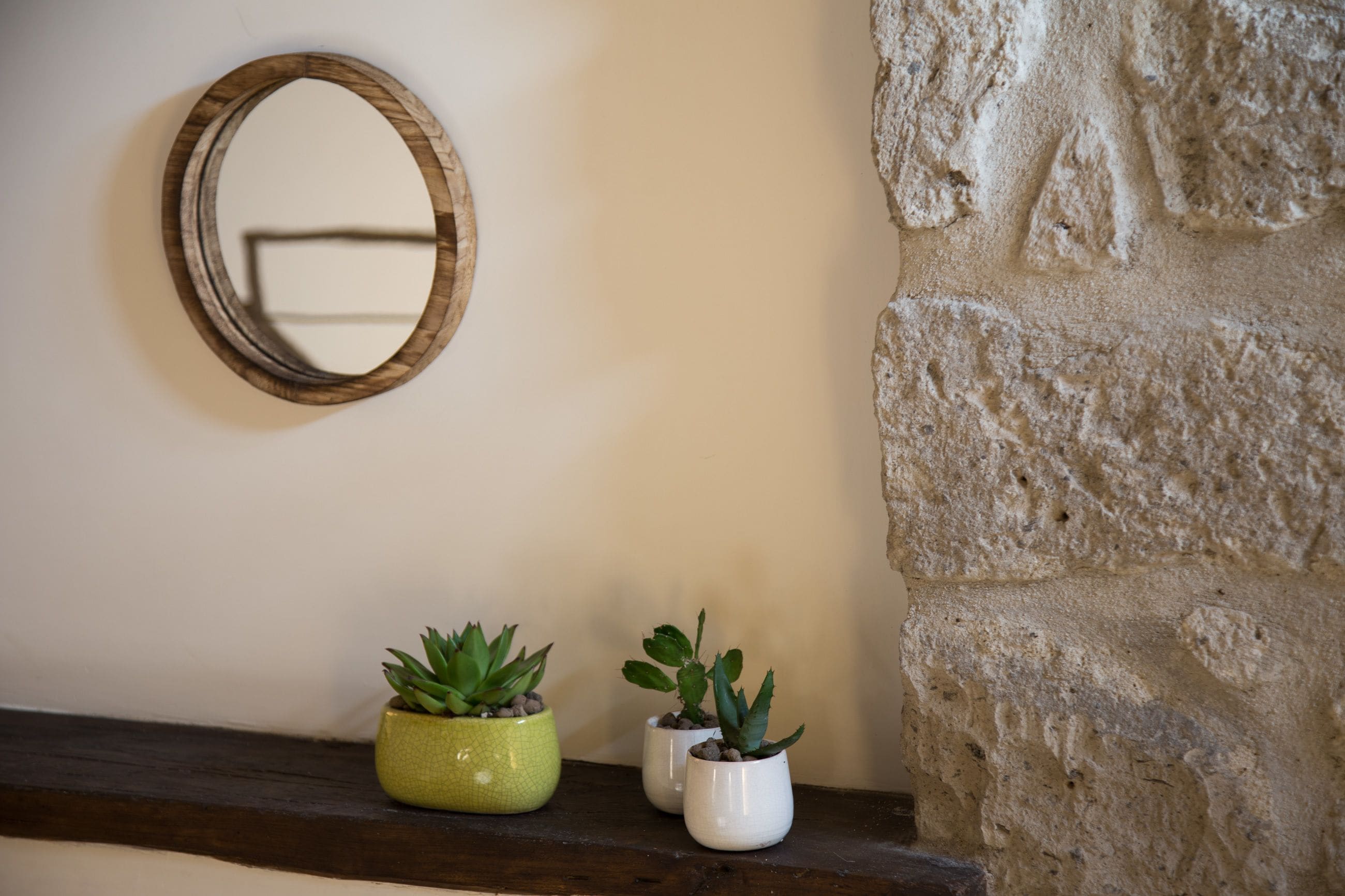 Een stenen muur, een houten plank met drie planten in potten, en een ronde spiegel aan de muur.