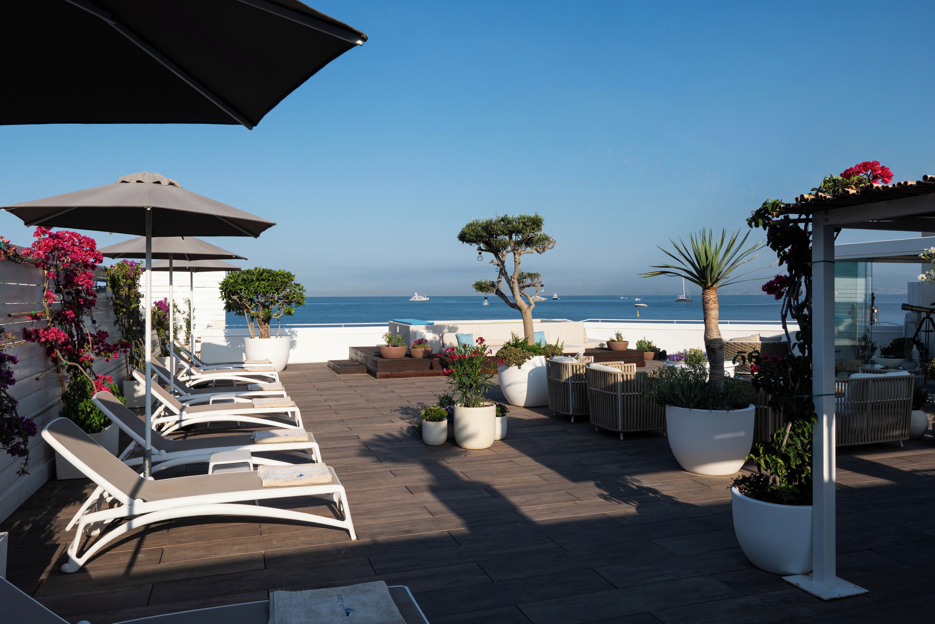 A deck with lounge chairs, potted plants, and a view of the sea.