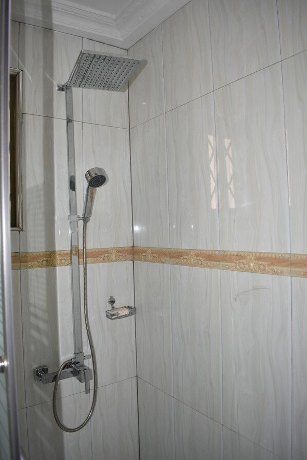 A shower area with a modern design, featuring a wall-mounted showerhead and a handheld shower attachment. - Cascadehotel (Accra)
