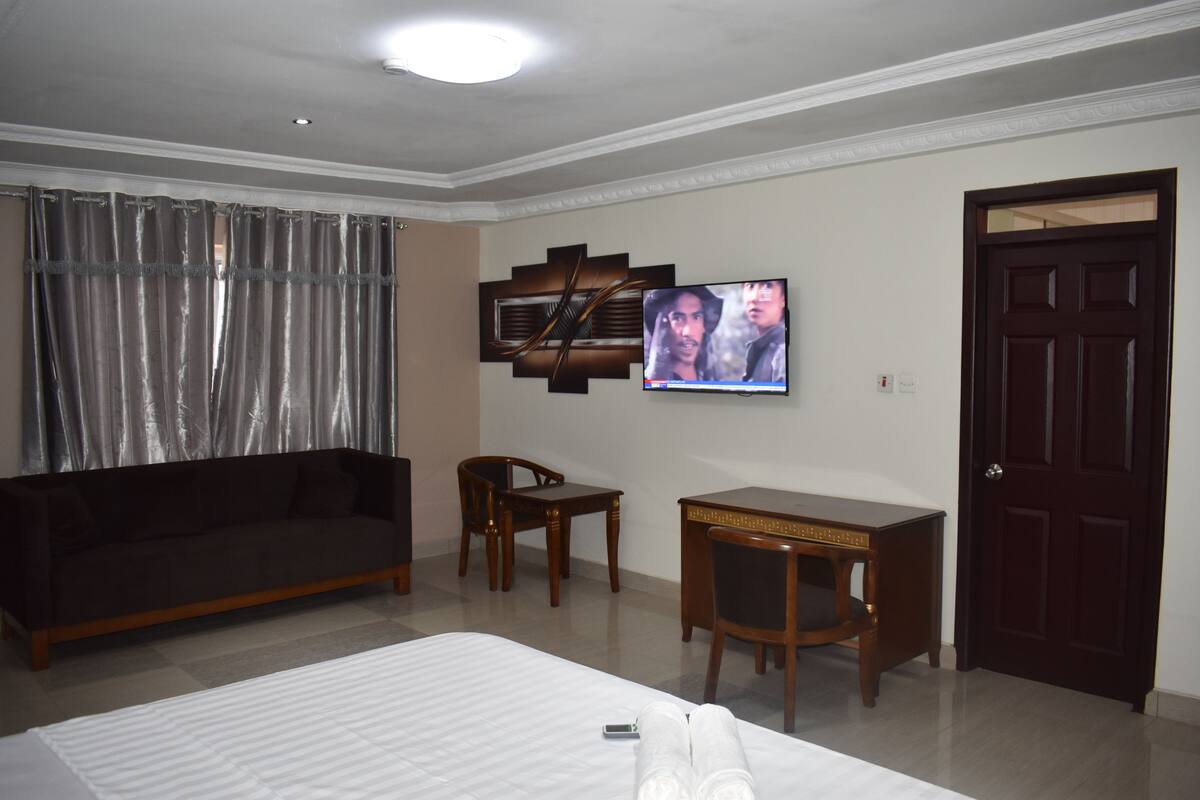Une chambre d’hôtel avec un lit, un bureau, une chaise, une télévision et une porte.