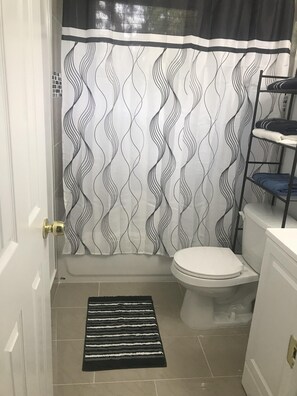 Bathroom features a white toilet, shower, sink, and striped rug.