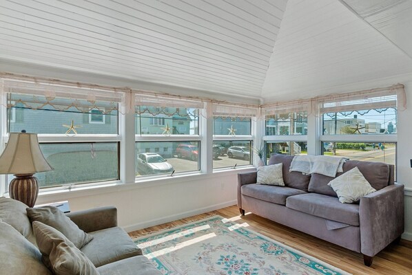 Flat-screen TV, DVD player, books, video library