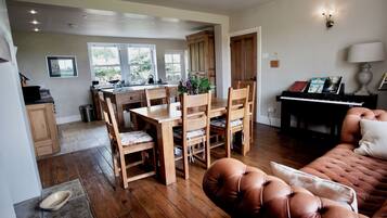 TV connectée, cheminée, lecteur de DVD, livres