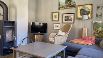 Smart TV, fireplace, DVD player, books