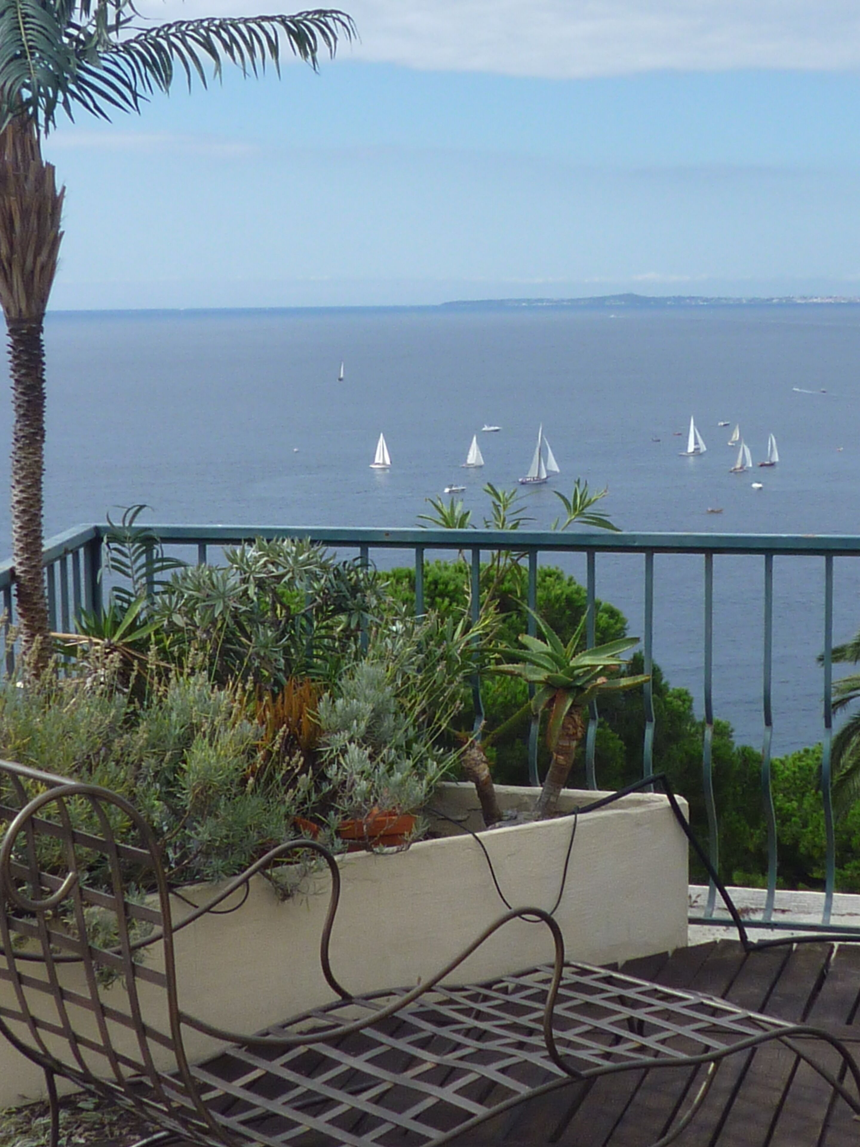 A balcony with a view of the sea, featuring a metal railing, a wooden chair, and various potted plants.