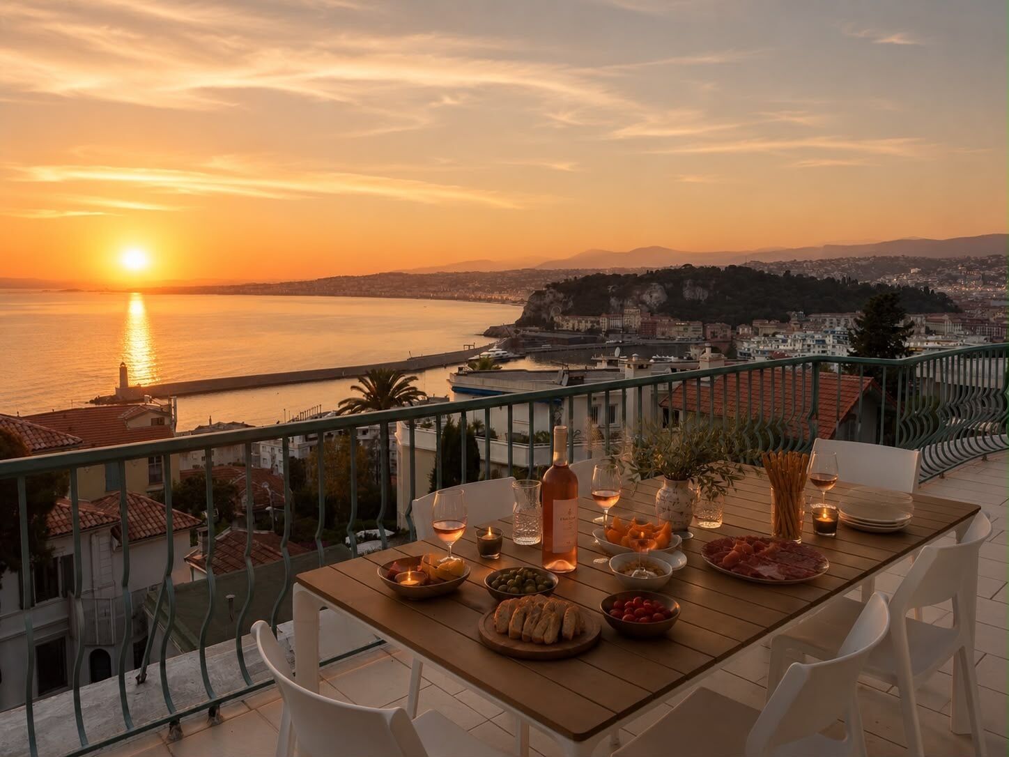 A table set for dinner with a view of the sunset over the sea, a balcony railing, and a cityscape in the background.