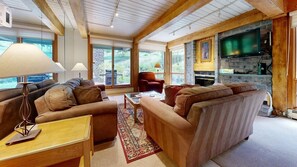 Flat-screen TV, fireplace