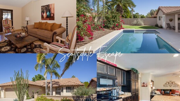 A living room with a sofa, coffee table, and a ceiling fan. - Scottsdale Escape - Close to Kierland All 5 star reviews !  Fall Savings! (Scottsdale)