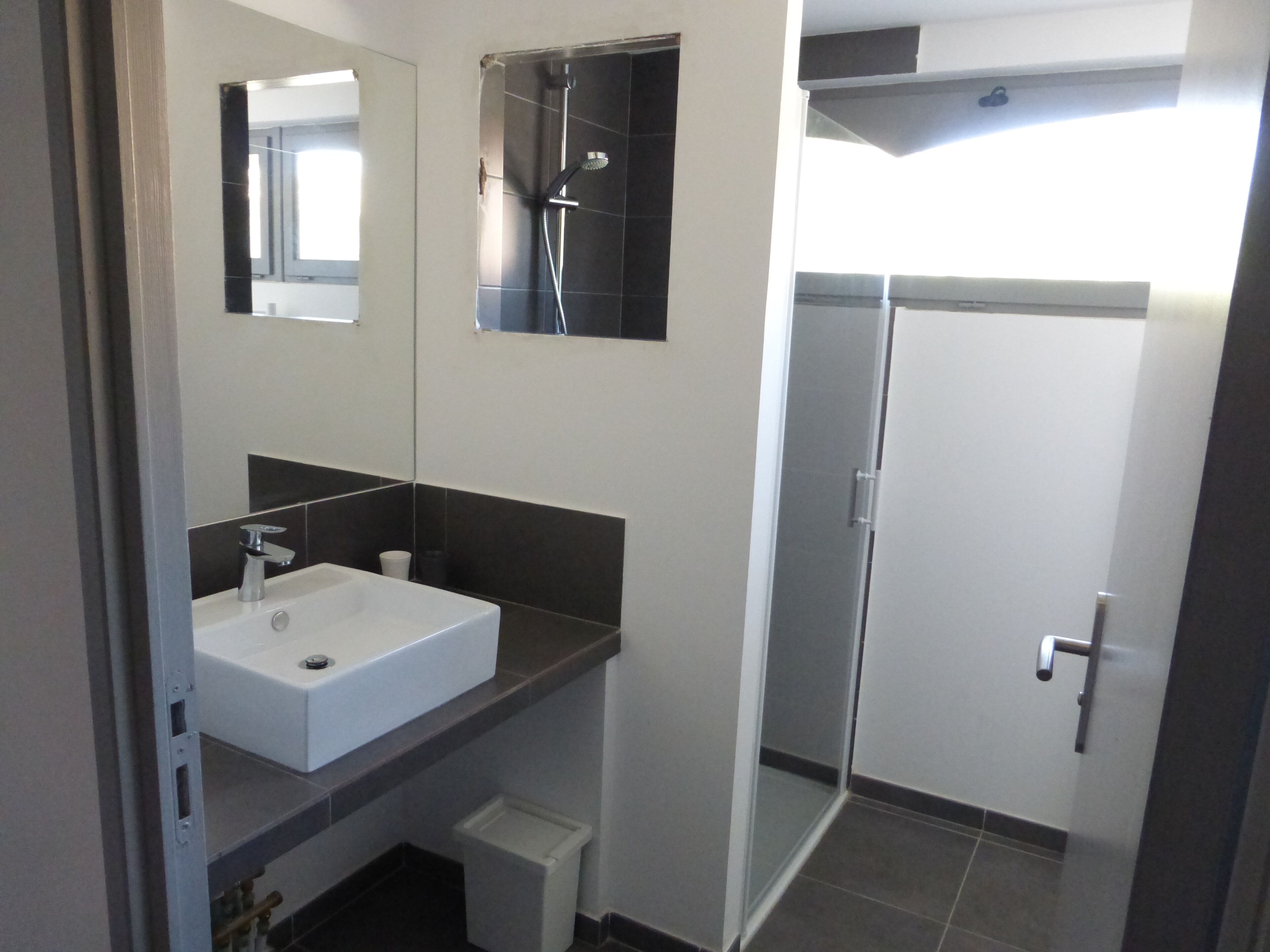 A modern bathroom with a white sink, dark tiles, a glass shower enclosure, and a large mirror.