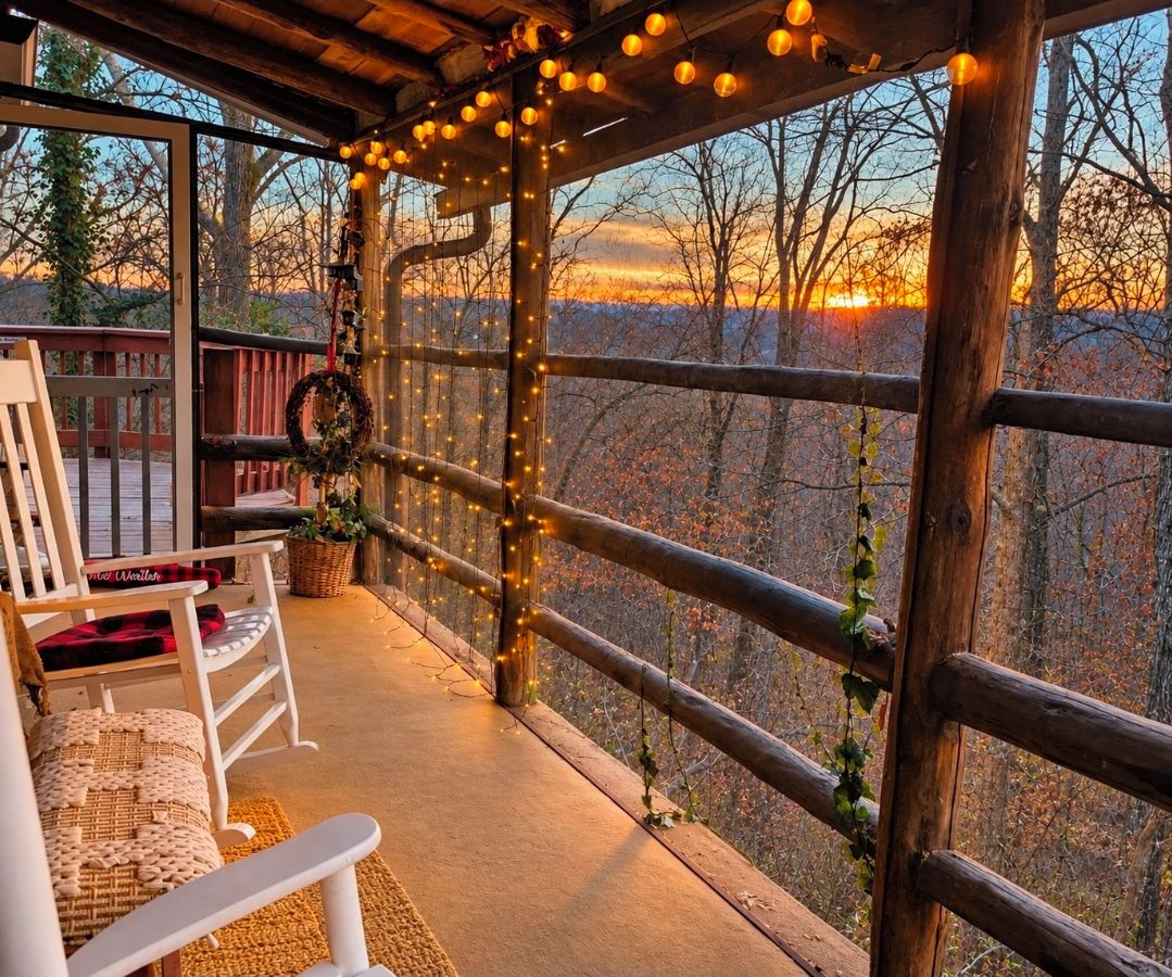 A covered outdoor seating area with a view of trees and a sunset.