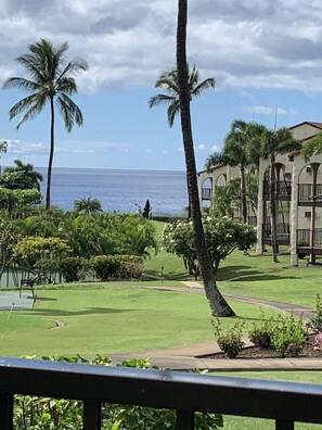 A view of a lush garden with palm trees and a building with a balcony overlooking the ocean. - Tastefully upgraded. One of the only resort units with a full size laundry team. (Kihei)