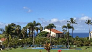 Een resort met een zwembad, palmbomen en uitzicht op de oceaan.