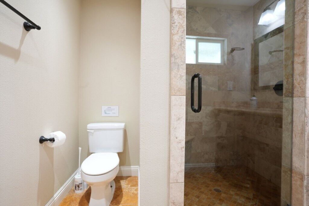Une salle de bain comprenant des toilettes, une douche avec une porte en verre et un porte-serviettes.