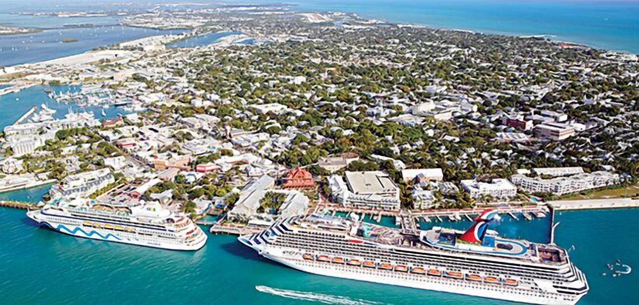 A coastal cityscape with two large cruise ships docked at a port, surrounded by residential buildings and a marina.