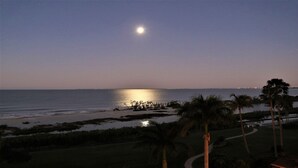 Vista de playa al anochecer con luna visible, palmeras y silueta distante de la ciudad.