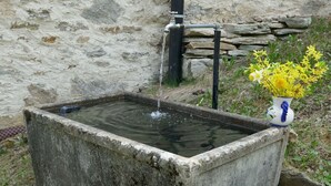 Une fontaine rectangulaire en pierre, dotée d’un tuyau et d’un vase rempli de fleurs jaunes.