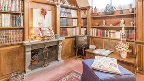 Una biblioteca con estanterías, chimenea, televisor y una zona de estar acogedora.