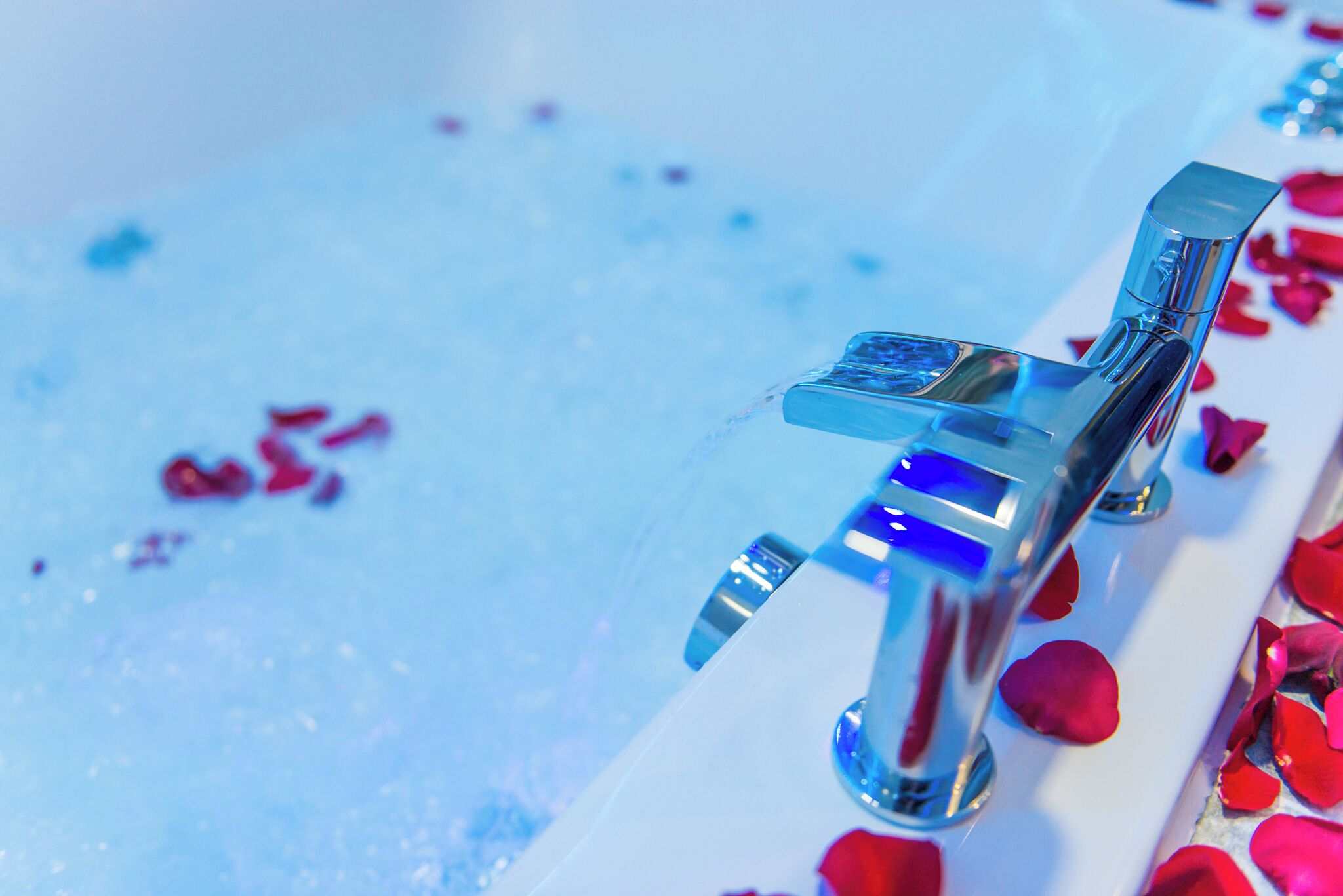 Una bañera con un grifo moderno y pétalos de rosa esparcidos.