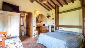 A rustic bedroom with a bed, a wooden wardrobe, a small table with fruit, and a kitchen area in the background. - Beautiful private villa for 2 people with WIFI, A/C, TV, patio, pets allowed and panoramic view (Roccastrada)