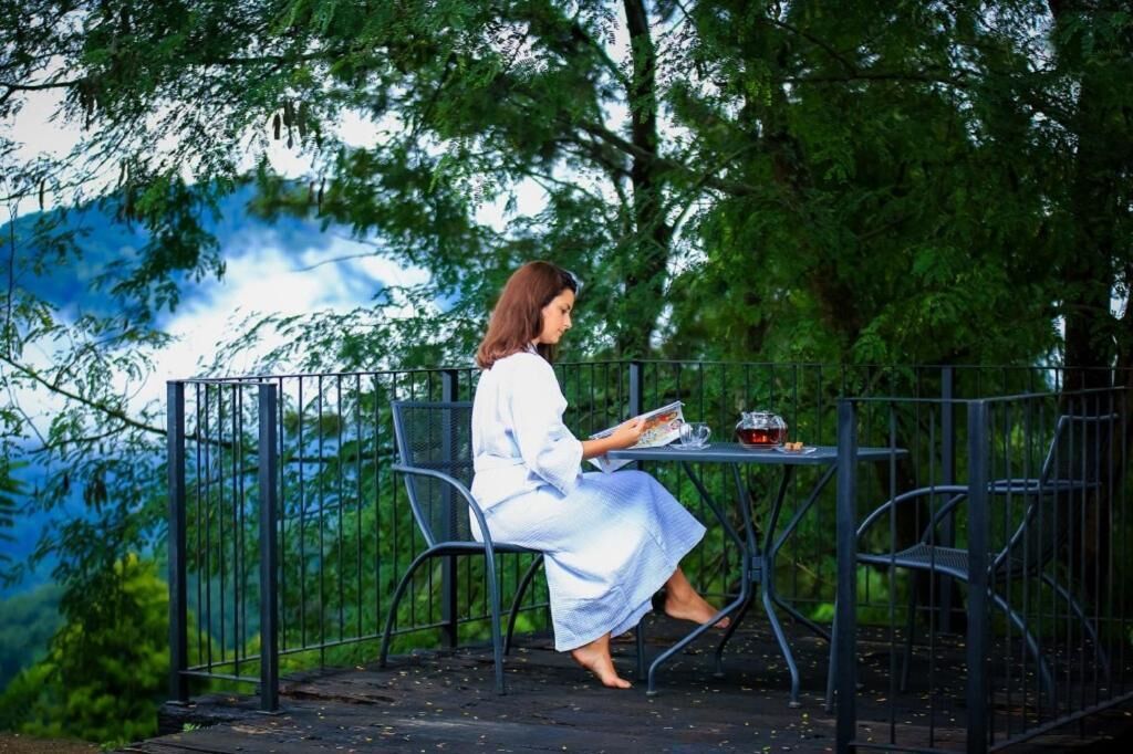Una persona sentada a una mesa al aire libre con vistas a un paisaje montañoso.