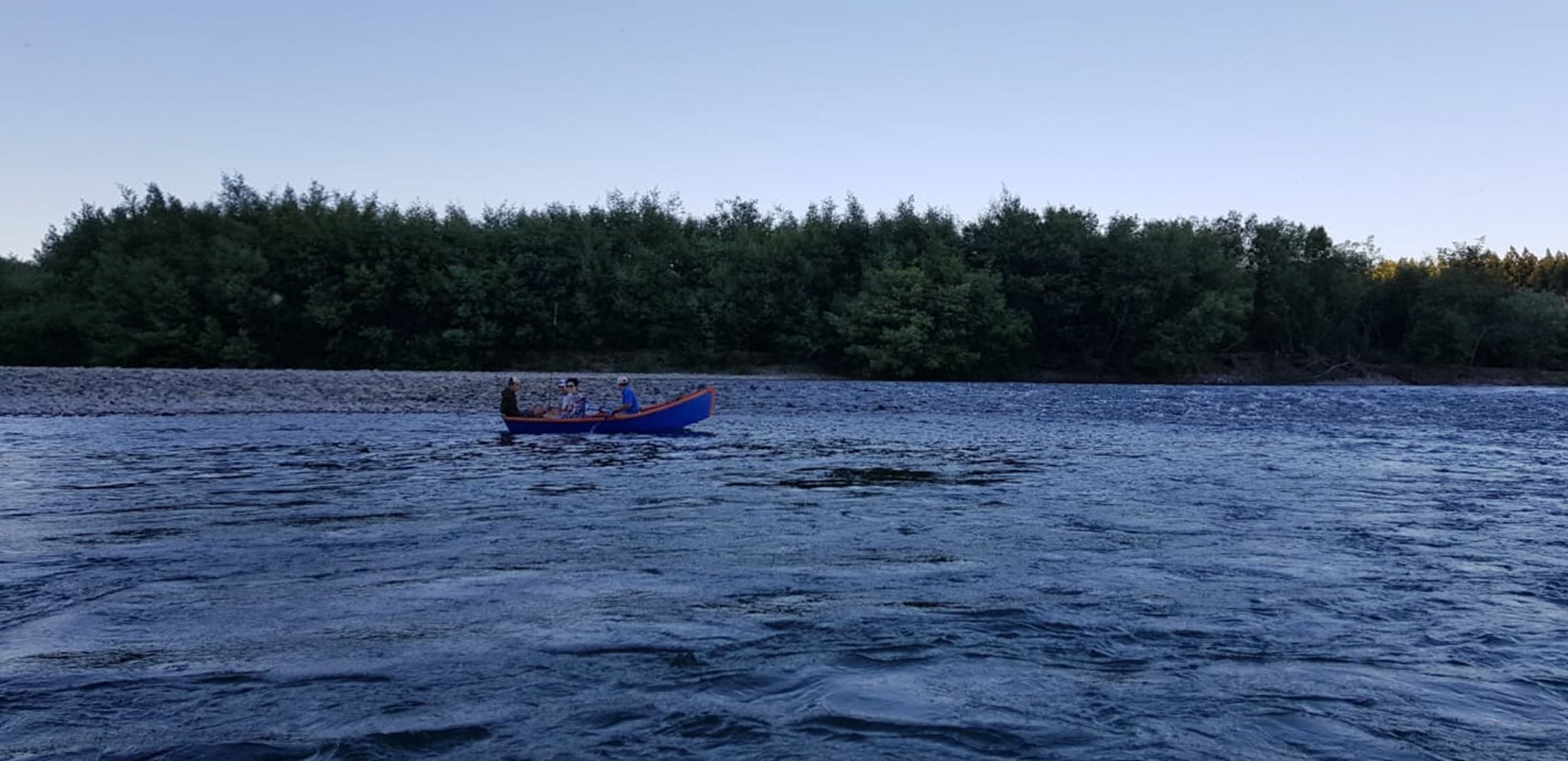 A boat on a calm body of water with a forested shoreline in the background.