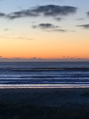 On the beach, sun loungers
