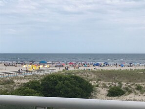 On the beach, sun-loungers