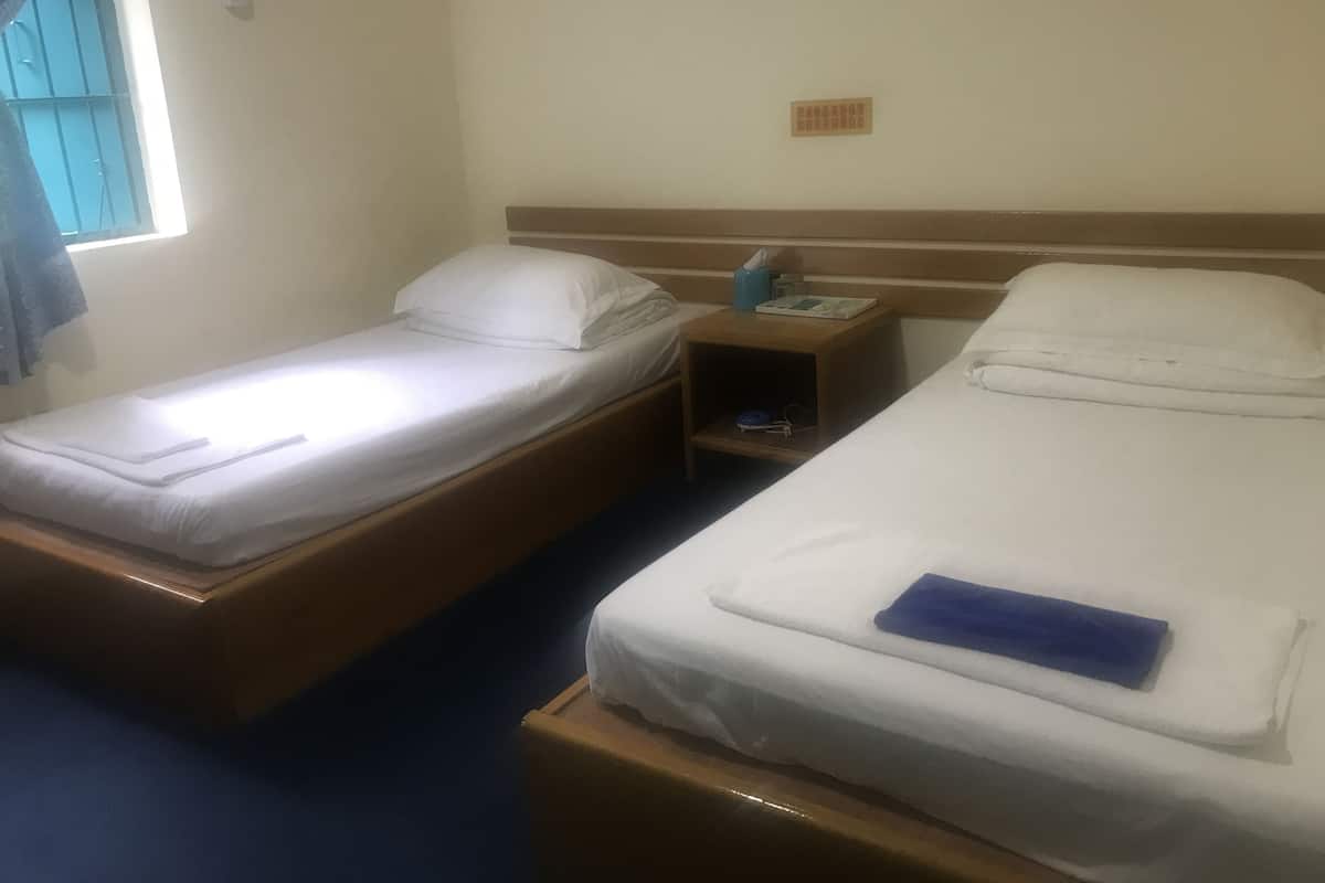 Two single beds with wooden frames and white bedding, a small bedside table with a lamp, and a window with curtains.