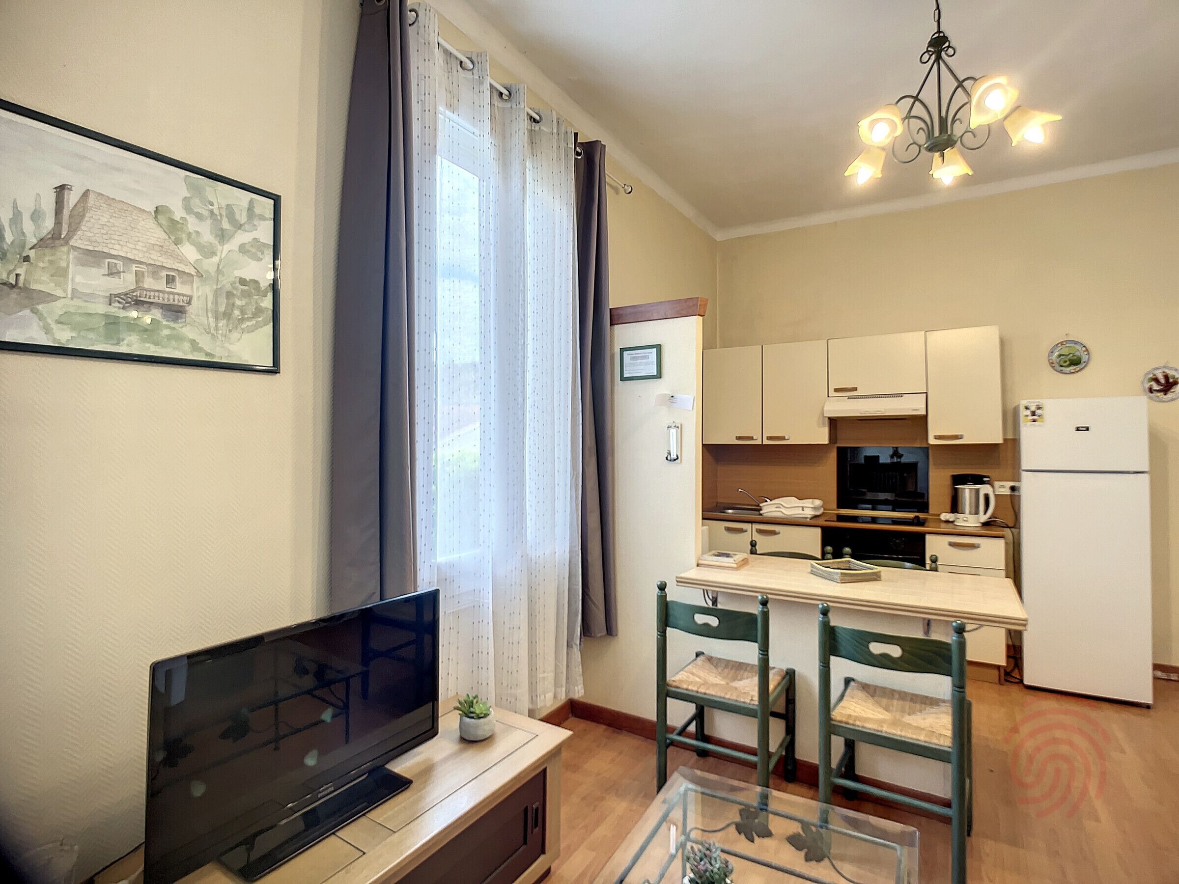 A compact living space with a television, dining table, chairs, kitchen area, and a ceiling light fixture.