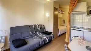 Ein gemütlicher Raum mit Schlafsofa, Bett, Küchenzeile und Deckenventilator.