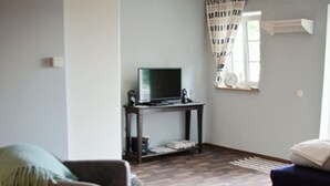 A living room with a television on a stand, a sofa, a table, and a patterned rug. - Adele - Gästezimmer am Elberadweg (Dresden)