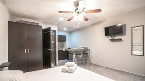 A hotel room with a bed, a desk, a chair, a television, and a ceiling fan. - Studio Fogon Fog009 (Playa del Carmen)