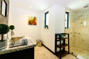 Un baño moderno con encimera de mármol, cabina de ducha de vidrio y una pequeña planta en el estante.