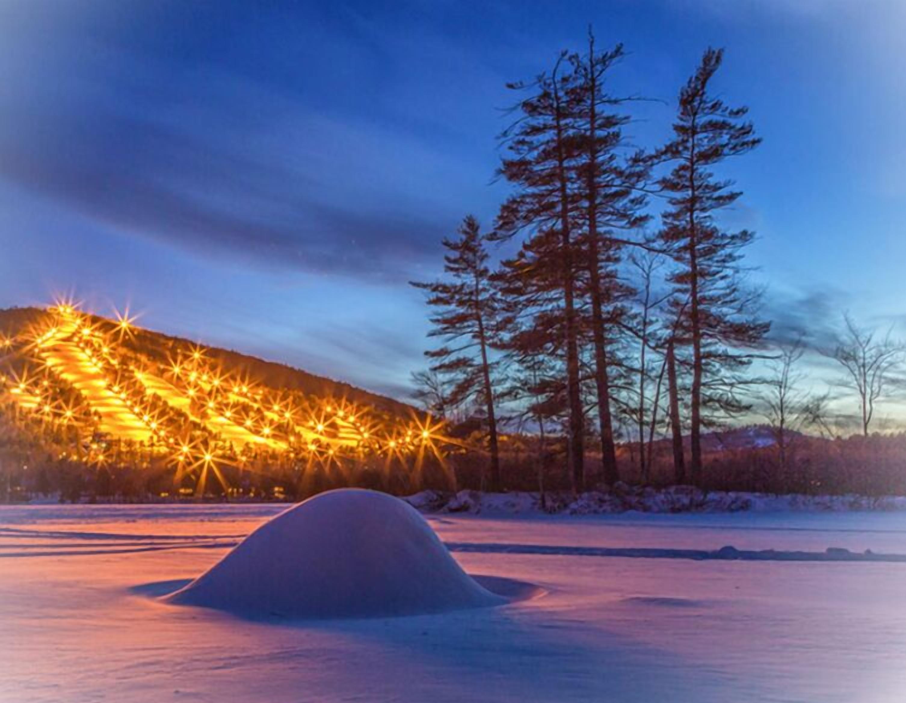 A snow-covered landscape with a hill and trees.