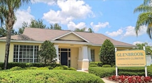 Welcome to Glenbrook Community Clubhouse, featuring a simple, symmetrical facade and a central entrance.