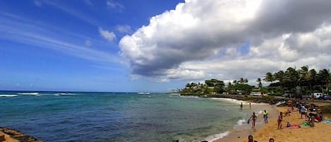 On the beach, sun-loungers, beach towels