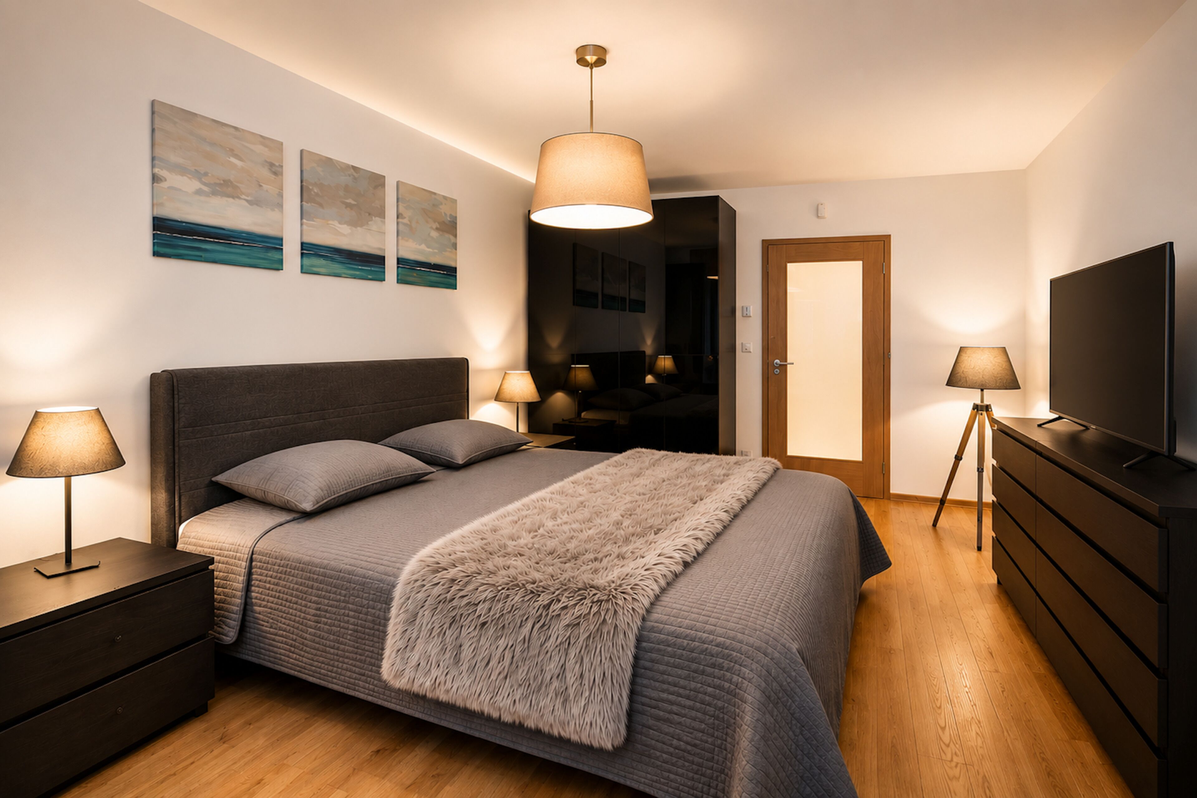 Ein Schlafzimmer mit Bett, Nachttischlampen, Fernseher, Kommode und Bildern an der Wand.
