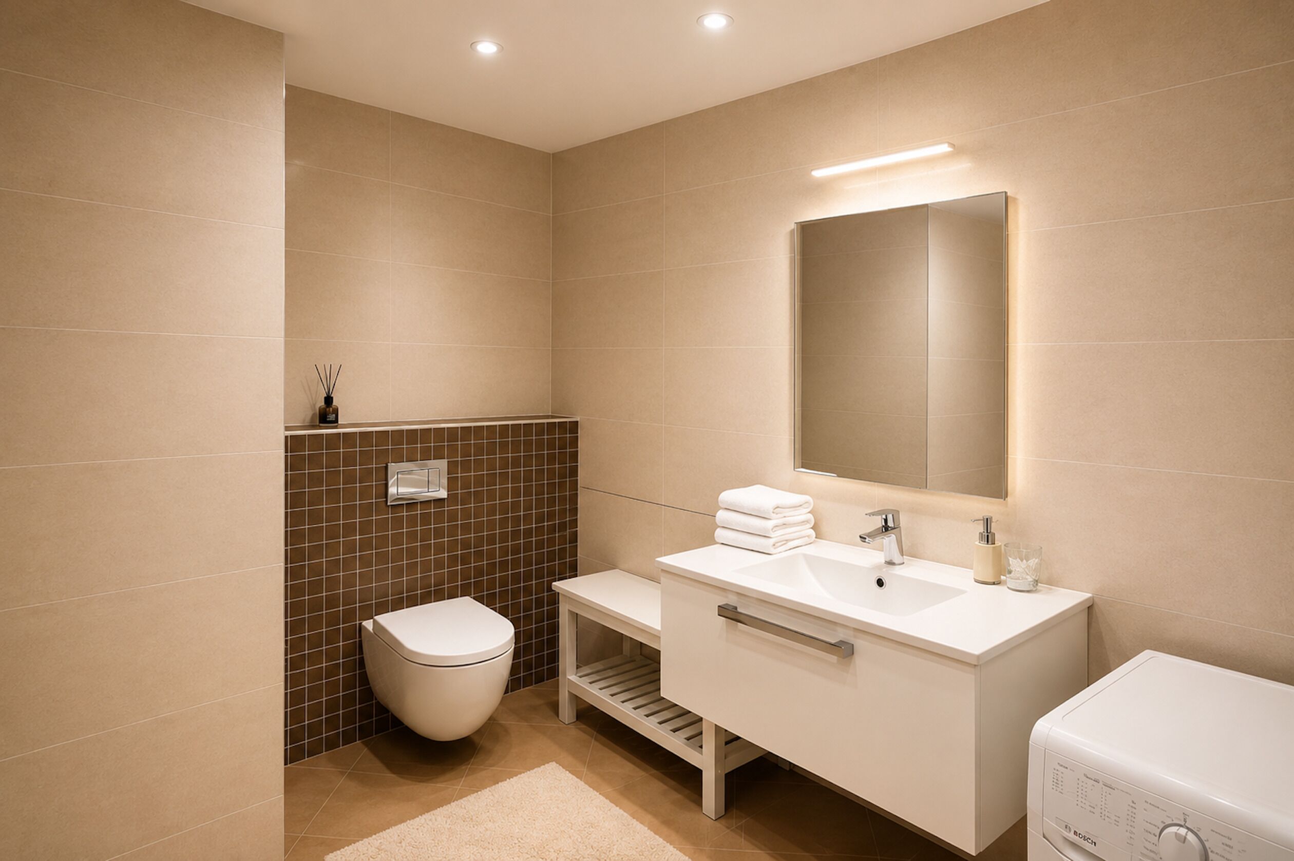 Un baño moderno con inodoro, lavamanos y espejo.