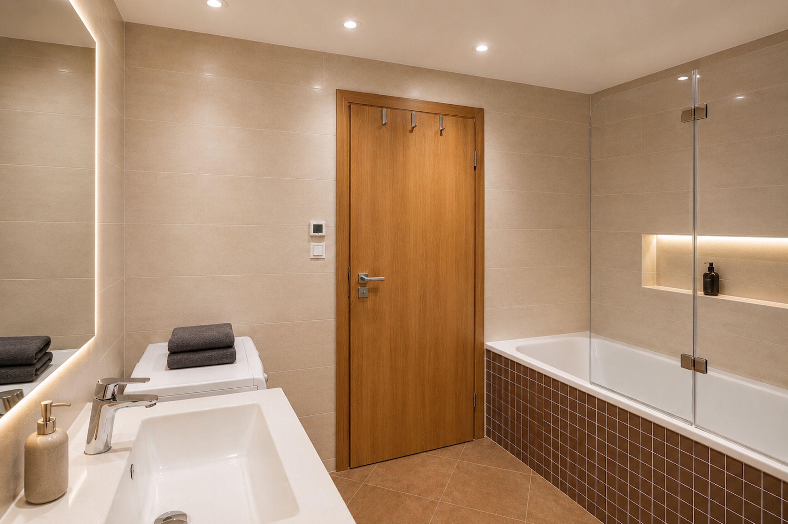 A modern bathroom with a wooden door, a white sink, a bathtub, and a mirror.
