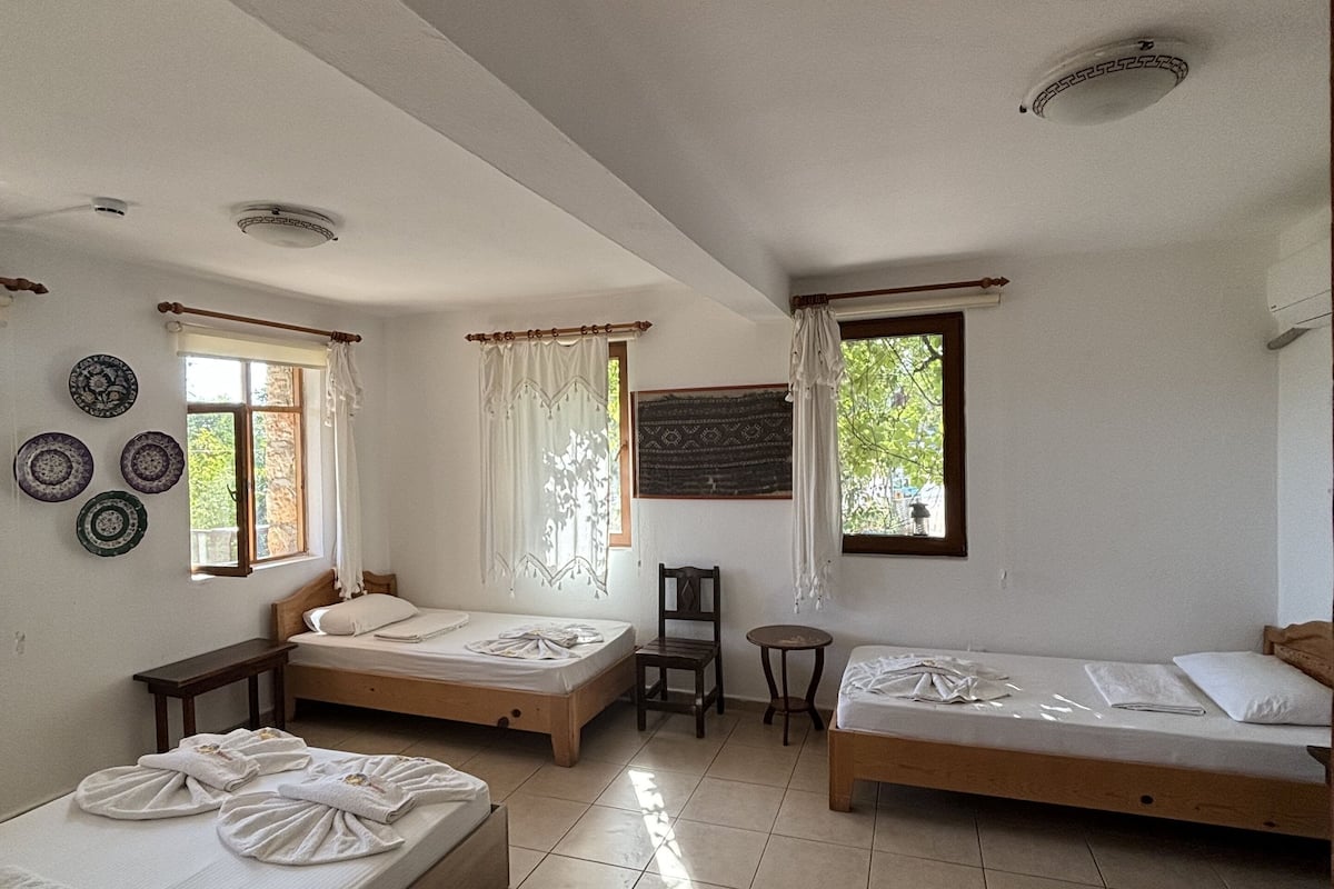 A room with three wooden beds, a small table, and a chair. There are windows with curtains and a view of greenery outside.