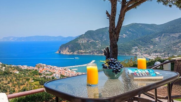 A table with a glass of orange juice, a bowl of grapes, and a book, overlooking a coastal view with a tree and mountains in the background. - Villa Savvina (Skopelos)