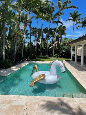 Una piscina con un flotador de cisne y palmeras al fondo.