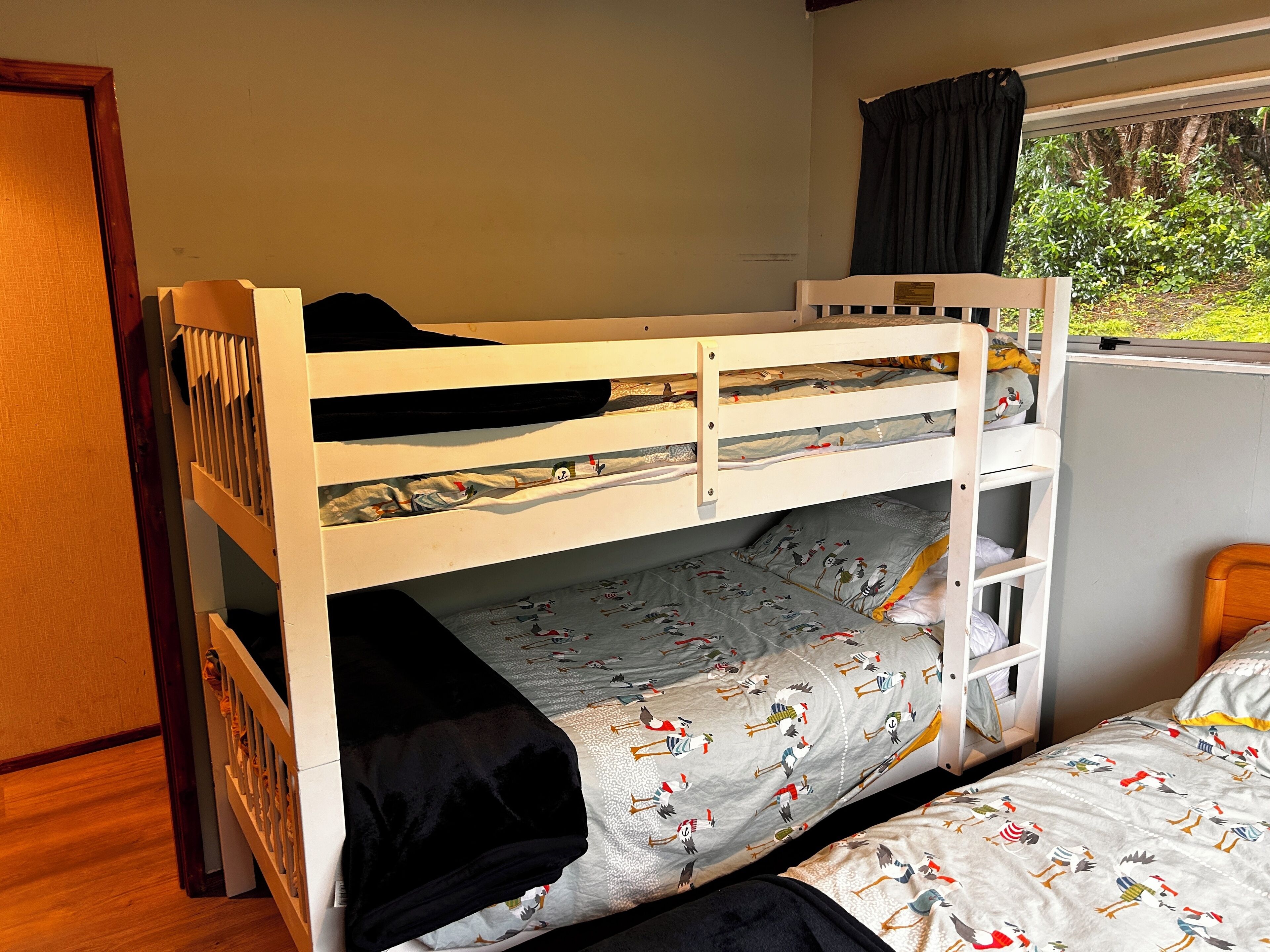 A bunk bed with a lower bunk and a top bunk, both with patterned bedding.