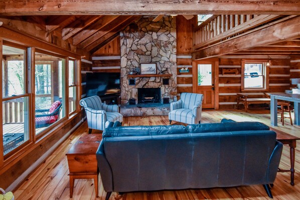 Smart TV, chimenea, reproductor de DVD y biblioteca musical 