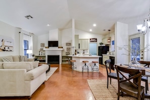 Smart TV, fireplace, DVD player, books